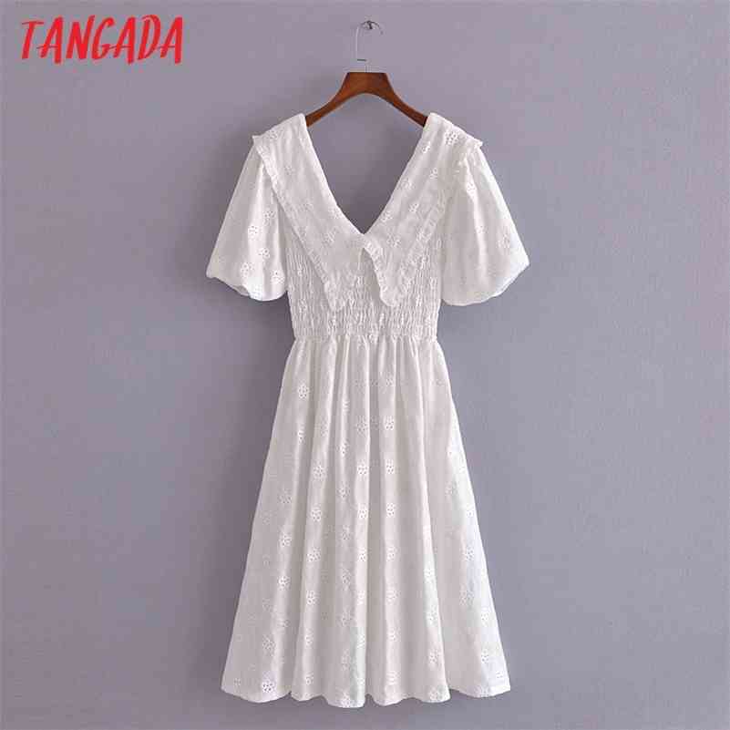 

Tangada Women White Cotton Embroidery Romantic Dress Puff Short Sleeve Backless Females Midi Dresses Vestidos 3H271 210630