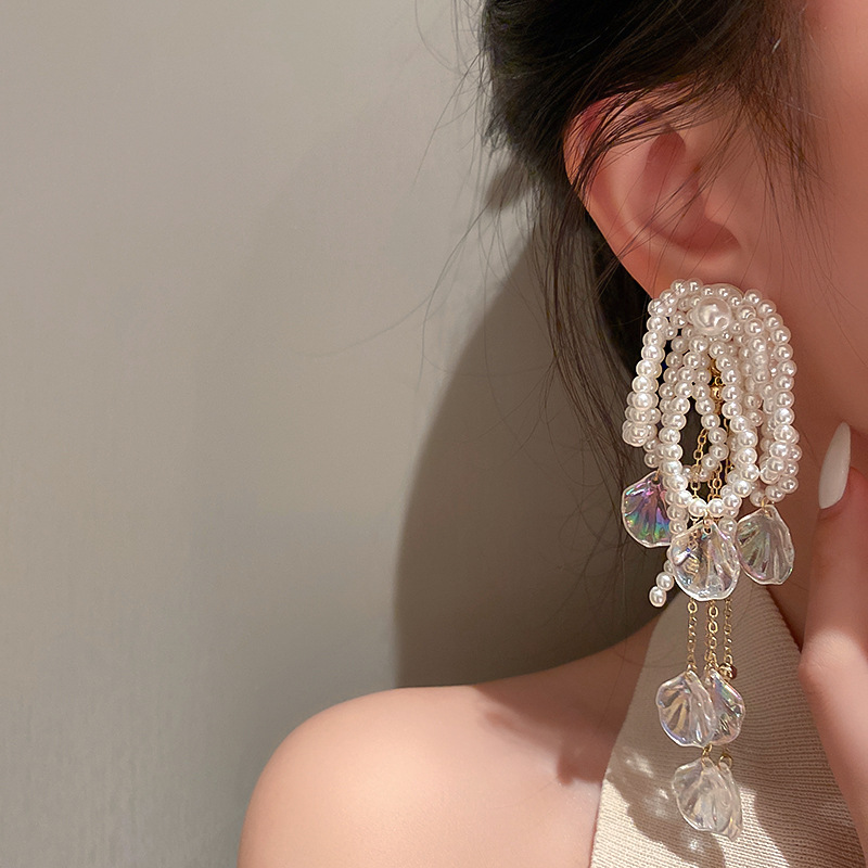 

2021 Simple Casual Luxury Crystal Imitation Pearl Earrings Long Tassel Dangle Earrings Fashion Trendy Jewelry