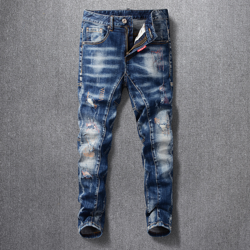 

2021 New Italian Style Fashion Men Jeans Retro Blue Spliced Designer Elastic Slim Fit Ripped Denim Trousers Streetwear Hip Hop Long Pants Oa