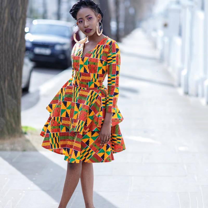 

2021 Vintage Geometric Print Cake Women Party V-neck Long Sleeve Knee-length Elegant Office Lady Es Autumn New 3hrx, Fqig001