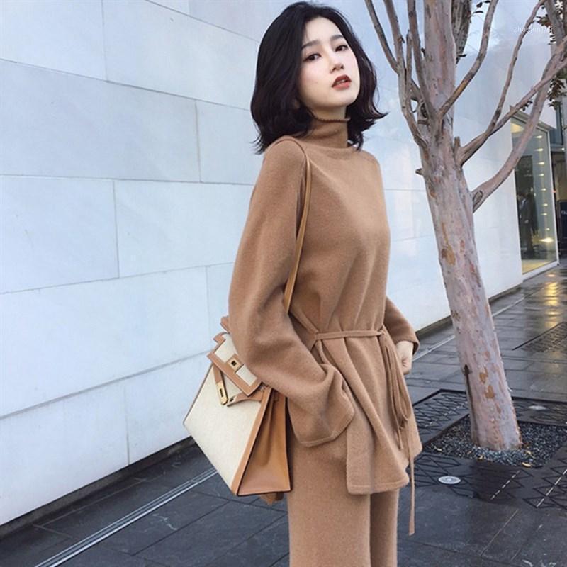 

Women' Tracksuits 2-Piece Knitted Sweater Autumn And Winter Long-Sleeved Tops Wide-Leg Pants Ladies Elegant Suit Sportswear Korean Jacket, Beige