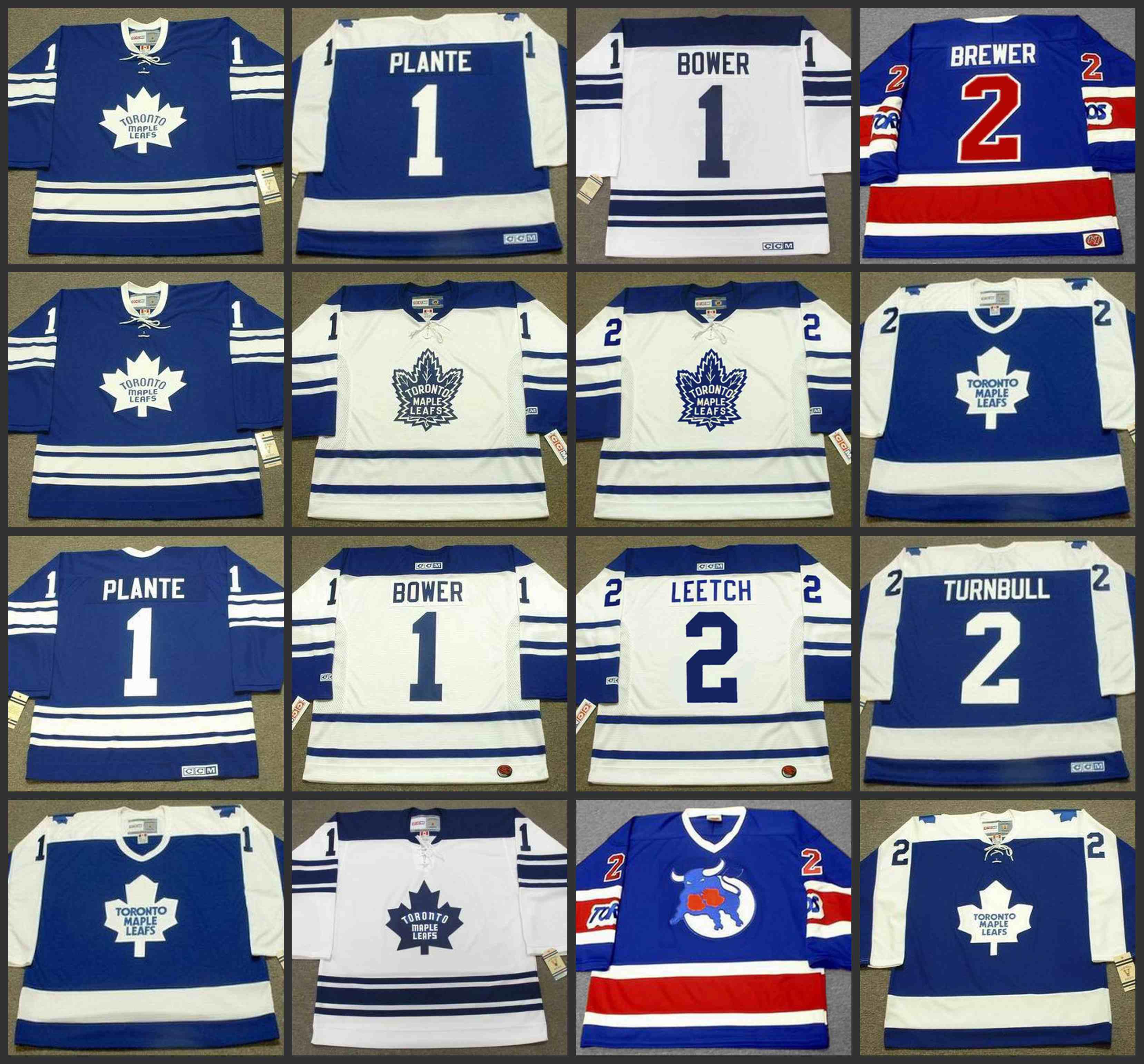 

1 JACQUES PLANTE 1 JOHNNY BOWERT 2 BRIAN LEETCH 2 IAN TURNBULL toronto Maple Leafs 1970 CCM Vintage NHL Hockey Jersey, Black;red