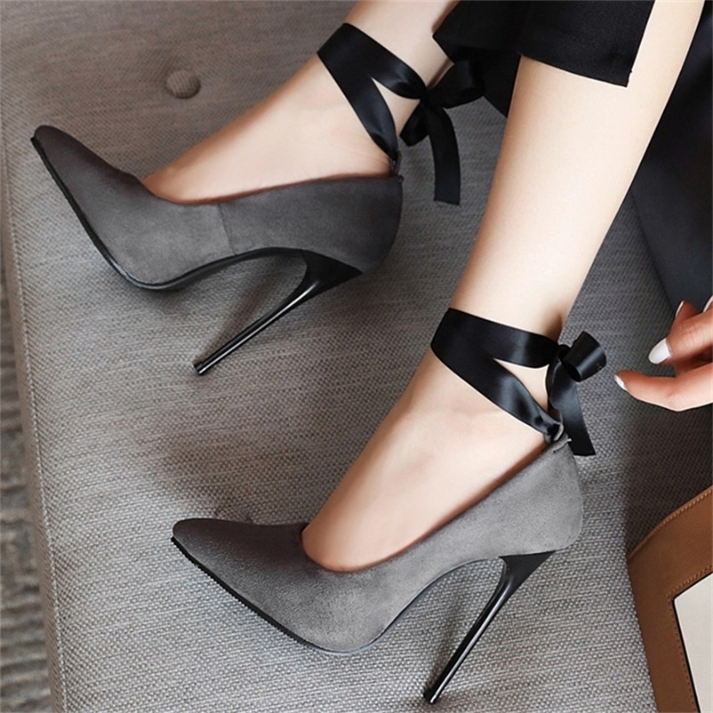 

Brand Womens Heels Sexy Pointed Toe Classic Pumps Women Shoes Straps Black Grey Thin Heels Party Office Shoes Large Size 45 47 210310