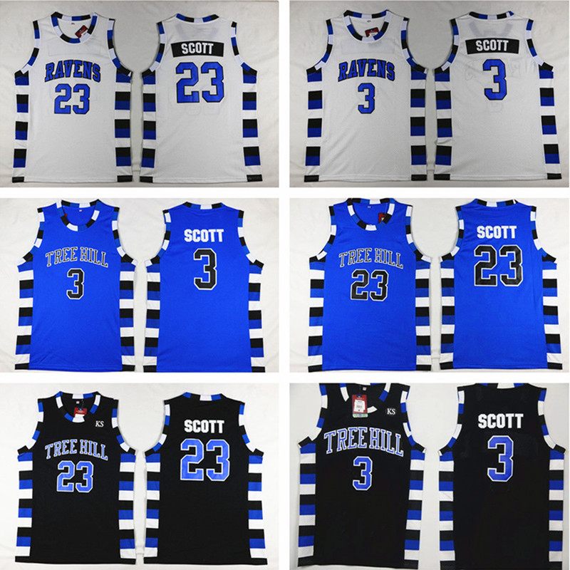 

NCAA One Tree Hill Ravens 3 Lucas Scott Jerseys 23 Nathan Black Basketball Jersey Brother Movie White Blue Wears, As shown in illustration