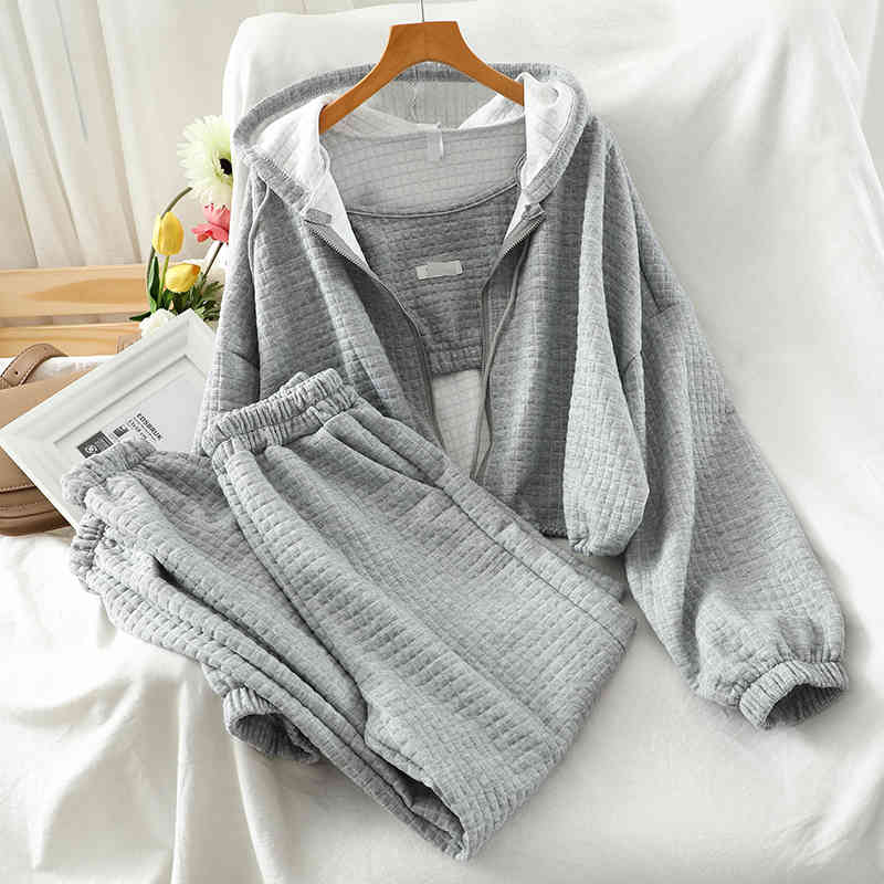 

Sporty casual 3-piece suit autumn ultra-short sling hooded sweater coat with feet long pants three-piece female 210525, Dark gray