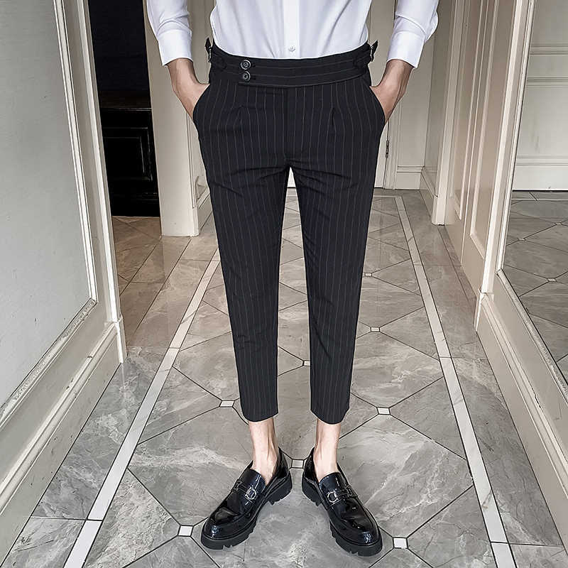 

Fashion Striped Pants Men Ankle Length Business Dress Pants Office Social Streetwear Casual Suits Pants Pantalon Homme Classique 210527, Gray