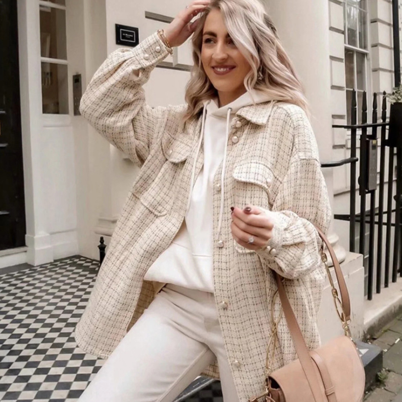 

2021 Women New Check Coat Casual Turn-down Collar Long Sleeve Buttons Loose Shirt Tops Elegant Warm Outwear Ladies Autumn Vjnp, Pink