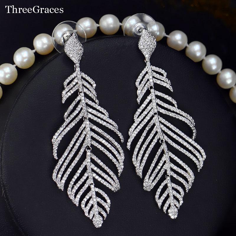 

Dangle & Chandelier ThreeGraces Korean Fashion Cubic Zirconia Micro Pave Big Long Feather Earrings For Women Party Designer Jewelry Gift ER2, Silver