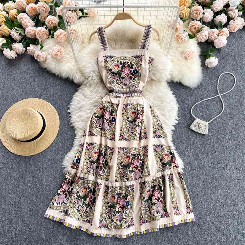 

Retro Ethnic Printted Colorful Fringed Hem Suspender Dress Women Summer Temperament Slim A-line Party Plus Size XXL 210525, Khaki