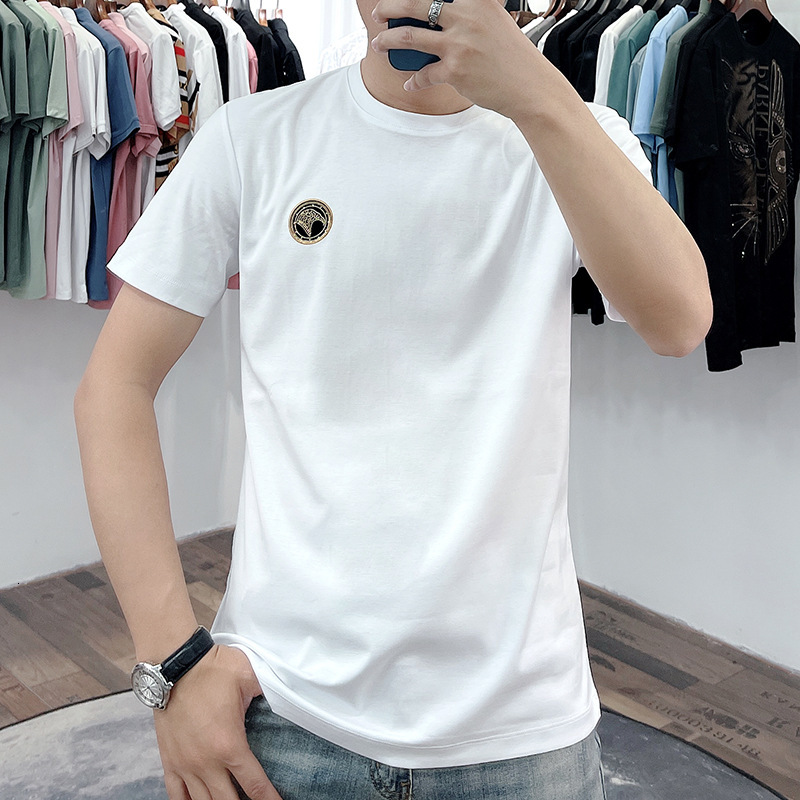 

Men's summer simple trend Korean bottomed shirt round neck eagle mouth drill youth half sleeve short t-shirt men, White
