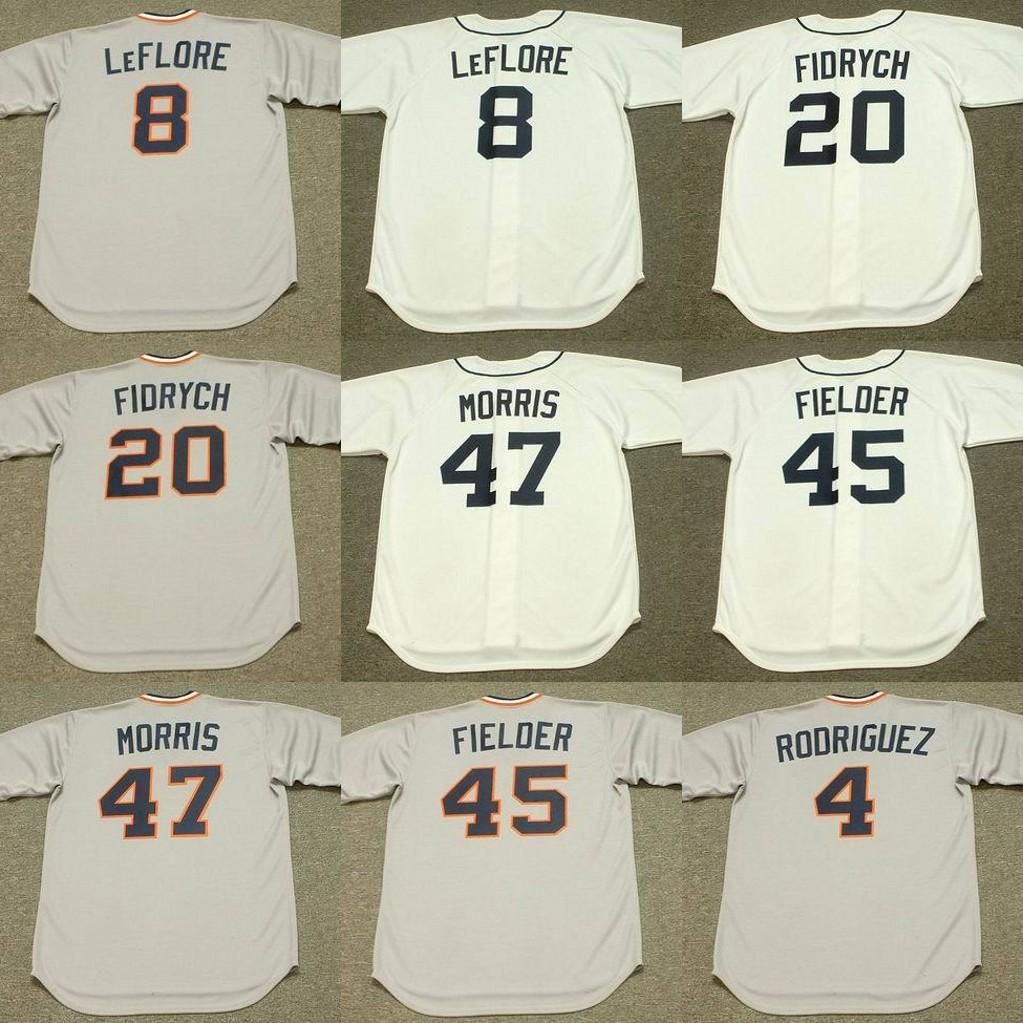 

Detroit 4 AURELIO RODRIGUEZ 7 TOM VERYZER 8 RON LeFLORE 20 MARK FIDRYCH 45 CECIL FIELDER 47 ACK MORRIS Baseball Jersey 1984, Blue;black