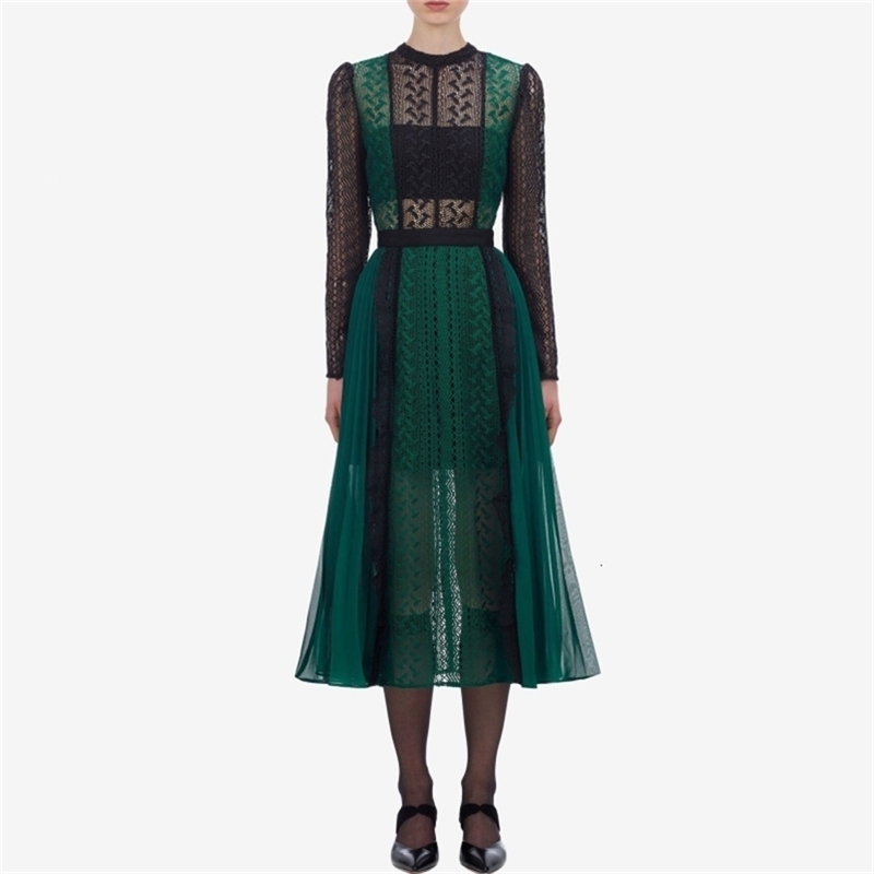 

High Quality Spring Autumn Self Portrait Runway Elegant Vintage Long Dress Women Lace Patchwork Chiffon Party Dresses Vestido 210603