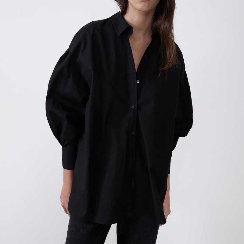 

Oversized Women Shirts Autumn Fashion Blue Black White Loose Long Blouse Top 210602