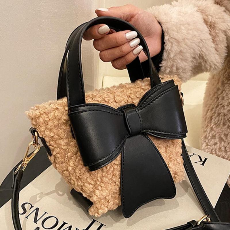 

Contrast color Tote Bucket bag 2021 Winter New High-quality Velvet Women's Designer Handbag Bowknot Shoulder Messenger Bag, Black