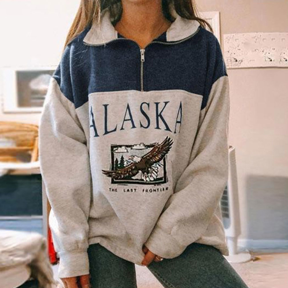 

2021 New Women's Cotton Stand Collar Half Zipper Letter Printing Sweatshirts Vintage Grey Casual Loose Sweatshirt Oversize Pullover 25dt, Style 2