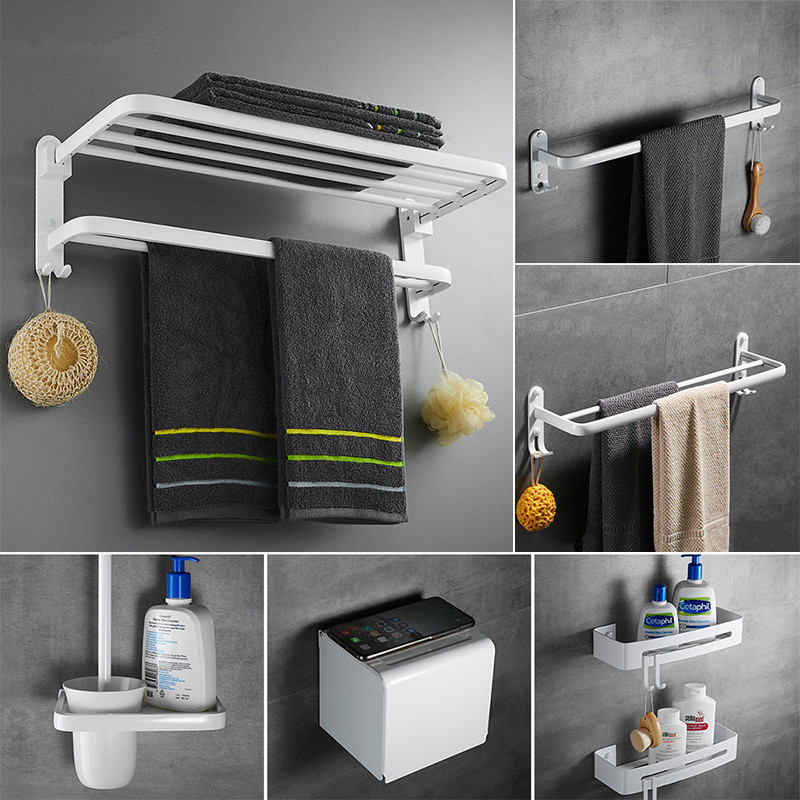 

2021 New Bathroom Accessories Set White Corner Shelf,towel Rack,towel Hanger Paper Holder,toilet Brush Holder Bath Hardware Sets I69x