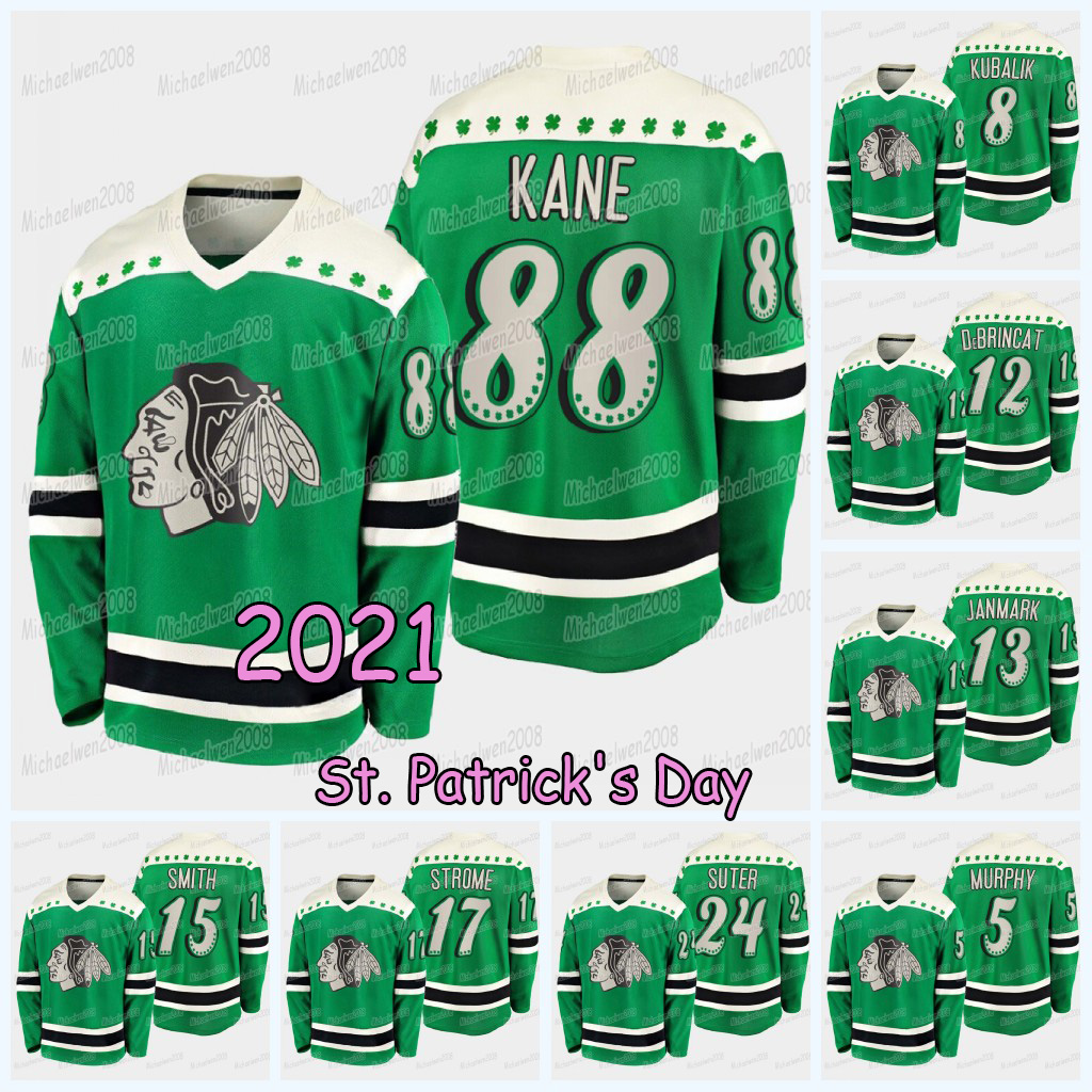 

Patrick Kane Chicago Blackhawks 2021 St. Patrick's Day Patrick Kane Lehner Jonathan Toews SHAW 77 Kirby Dach Duncan Keith DeBrincat Jersey, Black;red