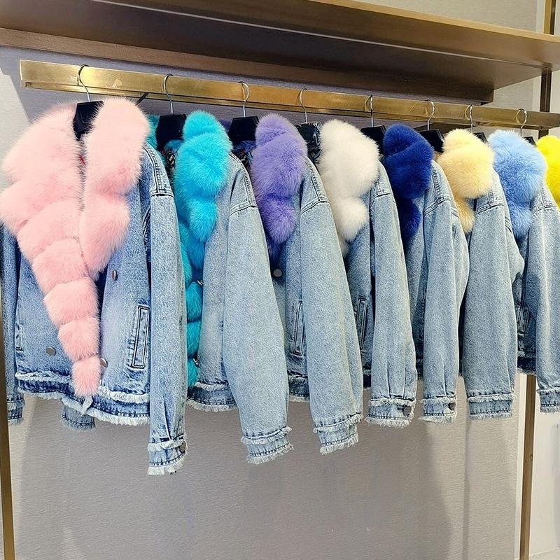 

Women's Fur & Faux OFTBUY 2021 Fashion Short Parka Winter Denim Jacket Women Coat Real Natural Collar Thick Warm Outerwear Streetwear, Black