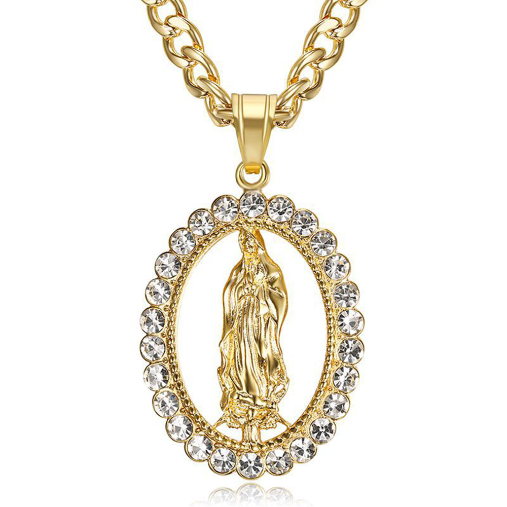 

Hip Hop Stainless Steel Pendant Necklace Shining White Zircon Bling 18K Gold Plated Religious Jewelry Gift