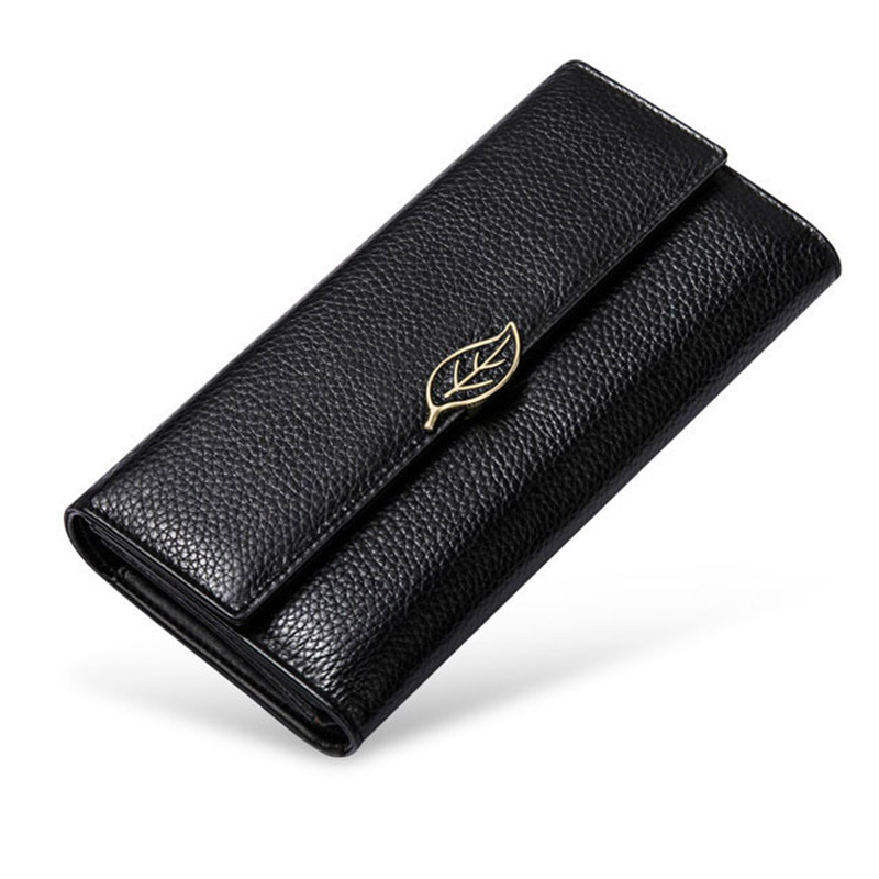 

Metal Leaf Women Genuine Leather Long Coin Hasp Trifold Clutch Purse Wallets, Red