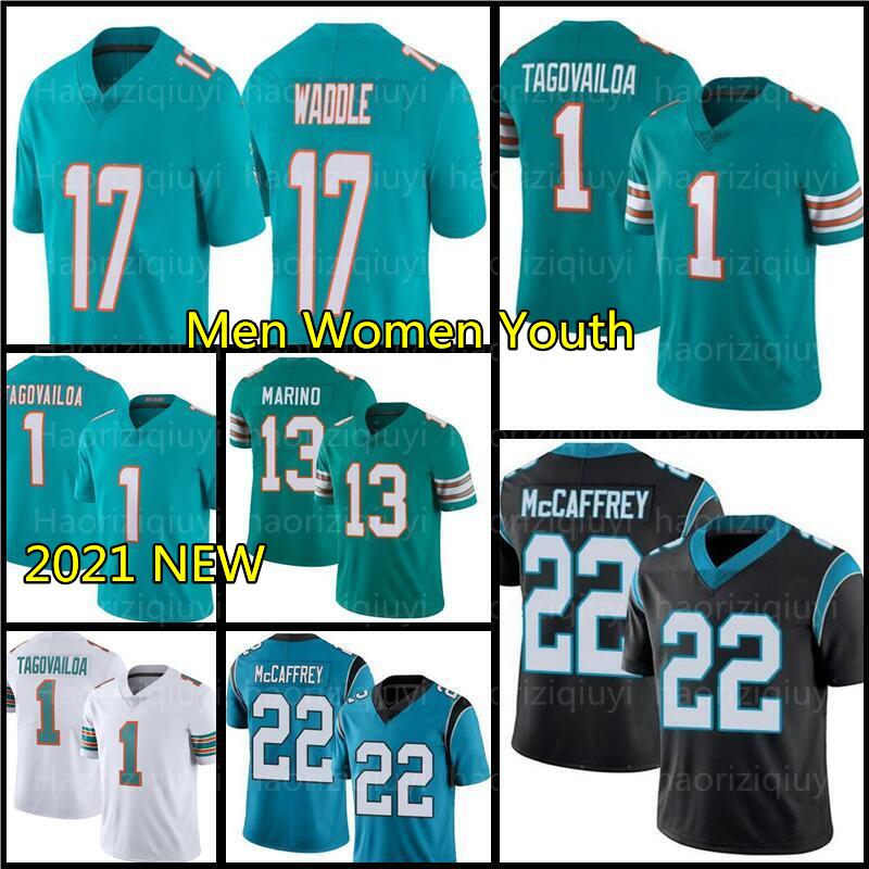 

1 Tua Tagovailoa MiamiDolphinsFootball jersey 22 Christian McCaffrey 17 Jaylen Waddle 13 Dan Marino 5 Simmons Bridgewater mens women youth, As