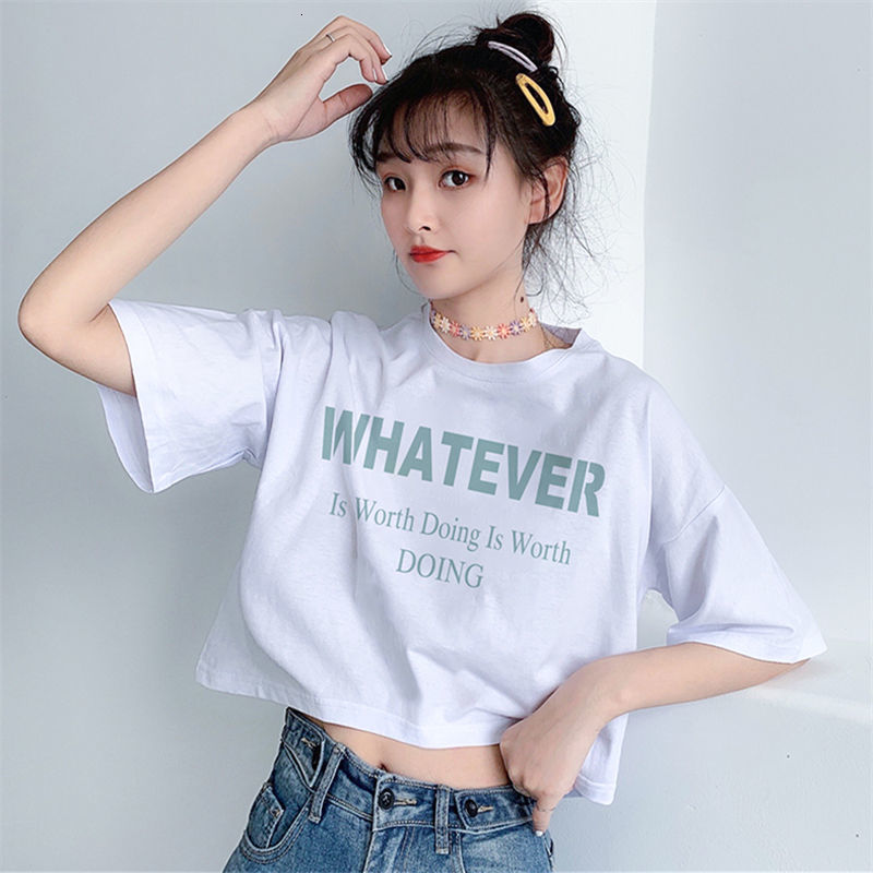 

2021 New Harajuku Letter Women's T-shirt Will See Crop Korean Short Sleeve Clipped Tops Schoolgirl Style Street Clothes Trk7