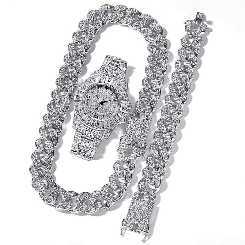 

Wristwatches Iced Out Watch For Men Women Hip Hop Rapper Miami Cuban Chain Gold Color Necklace Paved Rhinestones Bling Jewelry, A3 gold