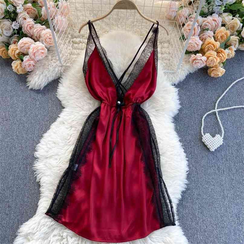 

Sexy Open Back Mesh Lace Patchwork Deep V-neck Satin Night Dress Women Fashion Summer Spaghetti Strap Lace-up Mini Sleepwear 210603, White