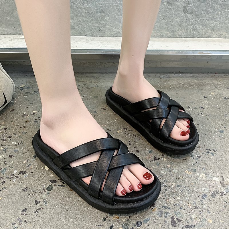 

Summer women platform slippers wedges leather sandals beach shoes outdoor quality comfortable soft non-slip Black white
