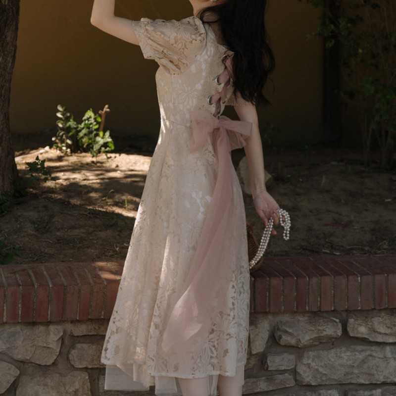 

Retro Summer Women Sexy Backless Cross Lace Up Bow Party Dresses Elegant Lady Fashion Slim Female Long Vestidos 210526, Photo color