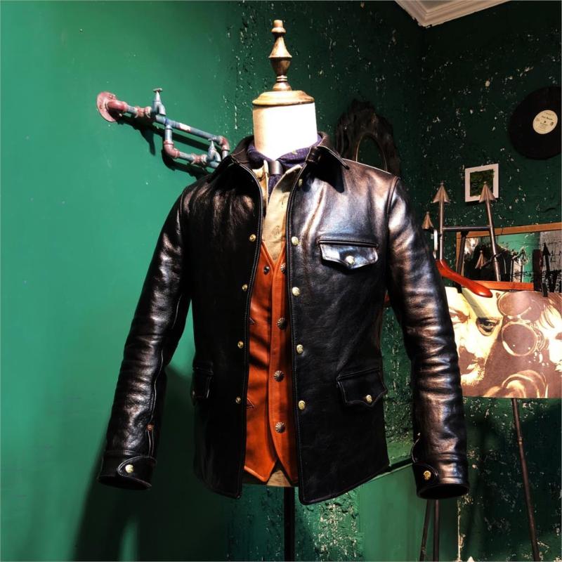 

Men' Leather & Faux Core Thick Tough Tea Horse Brakeman Coat Retro Kaji Genuine Horsehide Jacket Sturdy, Black