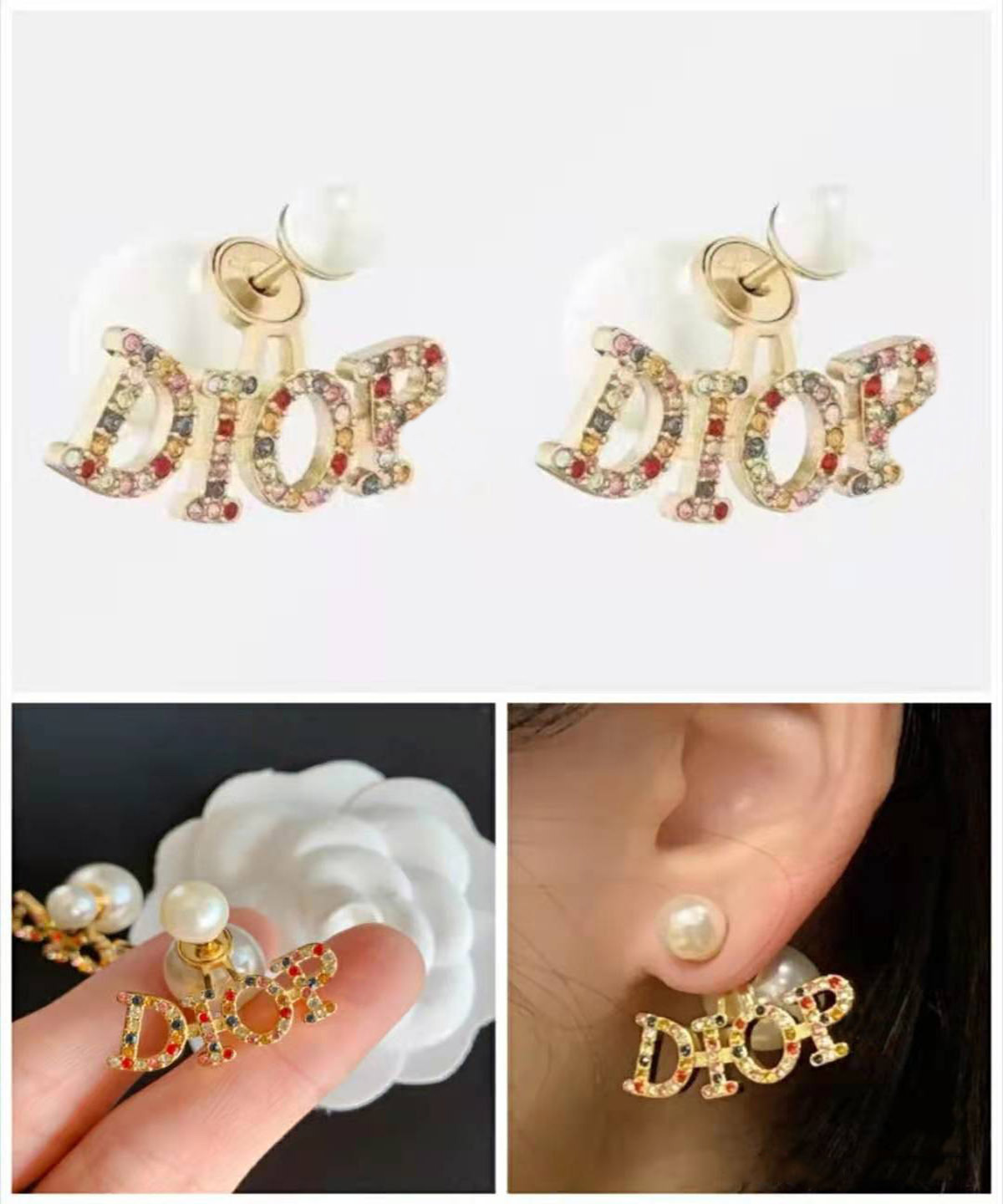 

70% OFF Luxury Jewelry Dijia new letter inlaid with color Zircon 925 silver needle size pearl fashion girl classic Earrings