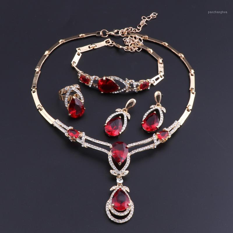 

Earrings & Necklace OEOEOS Vintage Water Drop Red Garnet Gold Color Jewelry Sets Bracelets Set Pendant Rings For Women, Silver