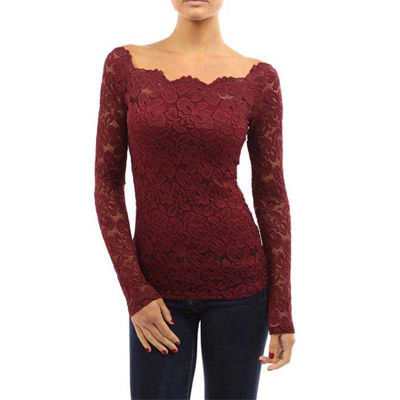 

Summer Tops Lace T-Shirt Women White Slash Neck Long Sleeve Hollow Sexy Skinny Plus Size Ladies Blusas 210608, Blue