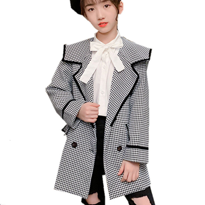

2021 New Trench Plaid Wool Coat Double-breasted Children Outerwear Autumn Winter Clothes for Girls 6 8 10-12 14y 58ek, Blue;gray