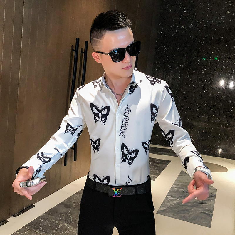 

New Primavera Nova Borboleta Impresso Camisas Para Roupas Masculinas 2021 Manga Longa Simples Todos Os Jogos Fino Ajuste Streetwear Formatur, Black