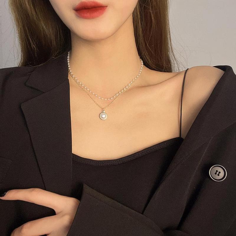 

Chains XiaoboACC Korean Fashion Double-Layer Pearl Beaded Chain Short Choker Necklace Jewelry Accessories Wholesale, Silver