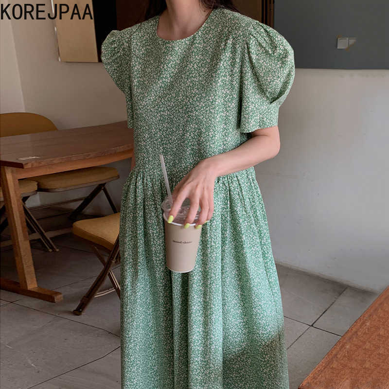 

Korejpaa Women Dress Korea Chic Temperament Sweet Round Neck High Waist Wrinkles Loose Bubble Sleeves Floral Long Skirt 210526, Black