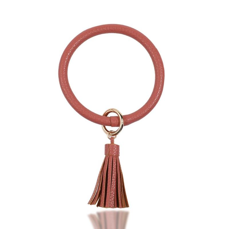 

Charm Bracelets 2021 Selling DropTassel Wristlet Bracelet Trendy PU Leather Big Round Keychain For Women Fashion Keyring Bangle