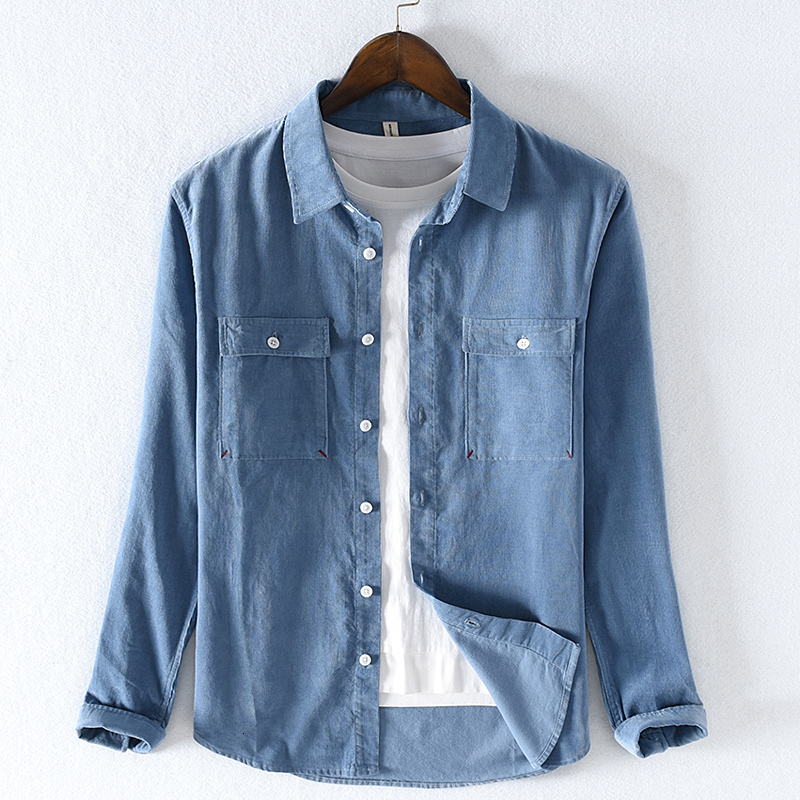 

2021 New Primavera e Outono Manga Comprida Veludo De Algodo Masculino Camisa Da Marca Moda Camisas Para Homem Denim-camisa Azul Dos Homens V, Black