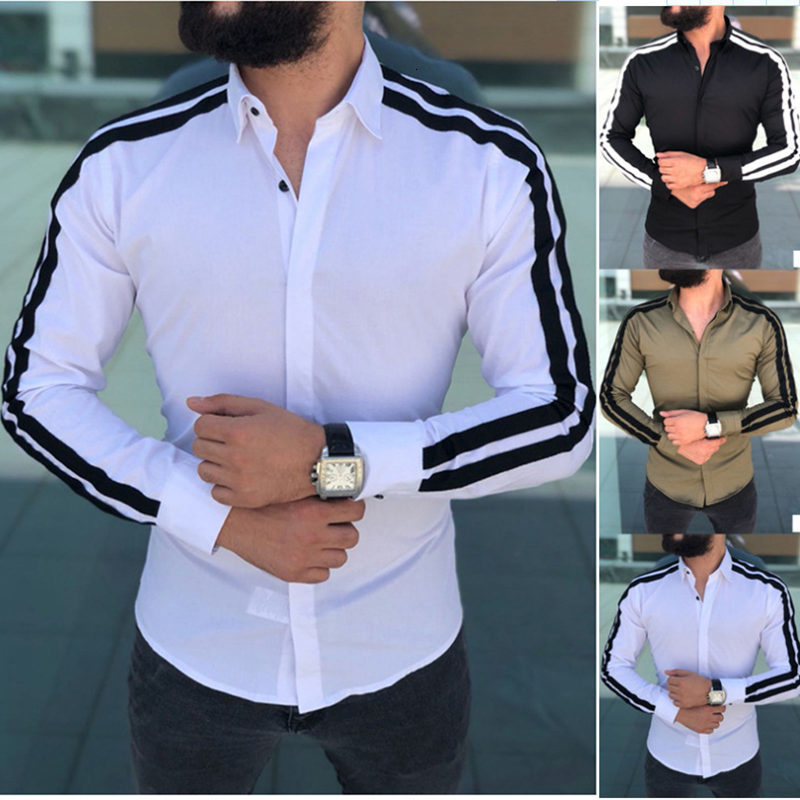 

2021 Vintage Solid Color Striped Autumn Long Sleeve White Shirt Mens Casual Slim Fit Black Shirts Men Koszula Eeve, Army green
