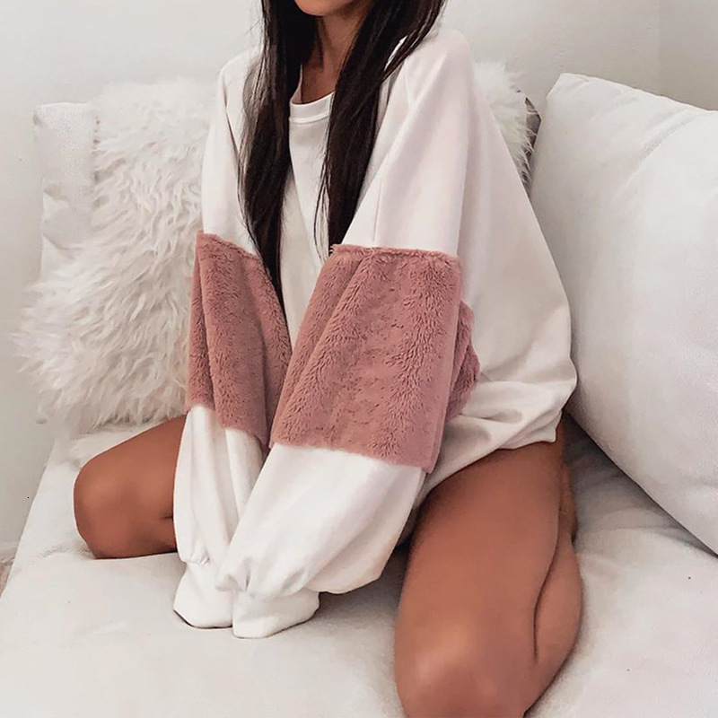 

2021 Pink Fur Lantern Sleeve Oversized Sweatshirt Women Warm Winter Tops Casual Loose Girls Pullovers Chic Design Streetwear Ovs7, White