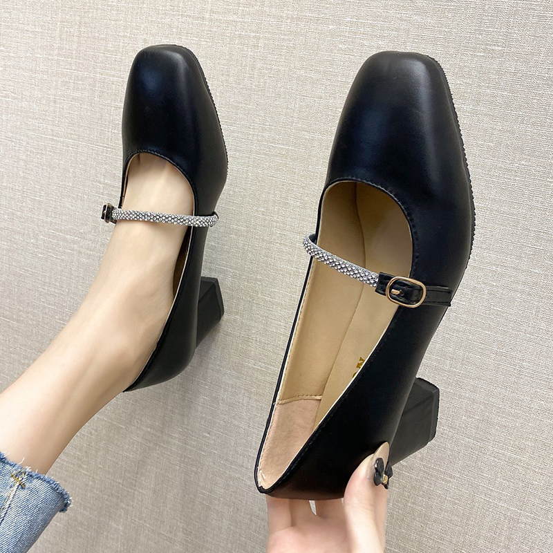 

2021 New Fashion Crystal Buckle High Heels Pump for Women Office Ladies Square Toe Shoes Pu Leather Pumps Woman Cf70, Black
