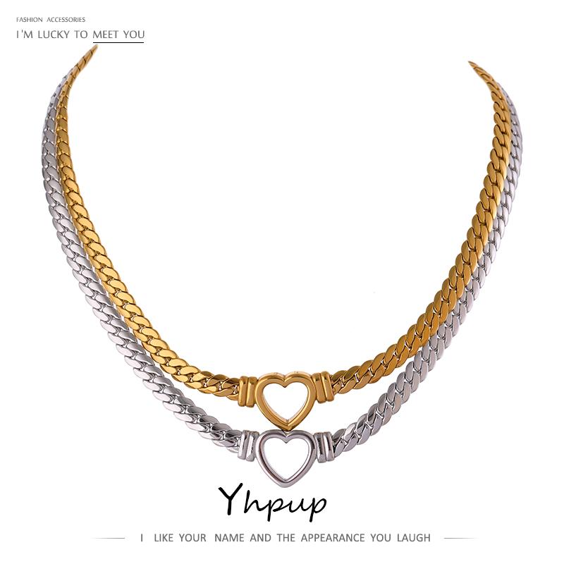

Chains Yhpup Heart Chain Necklace Stainless Steel For Women Fashion Metal Texture Flat Collar Waterproof Girlfriend Gift 2022, Silver