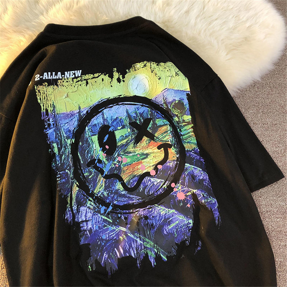 

2021 New Cool Smile Tshirt Streetwear O-neck Black Tees Men Summer Half Sleeve Loose Tops Funny Boys Couple High Street t Shirts P8dz