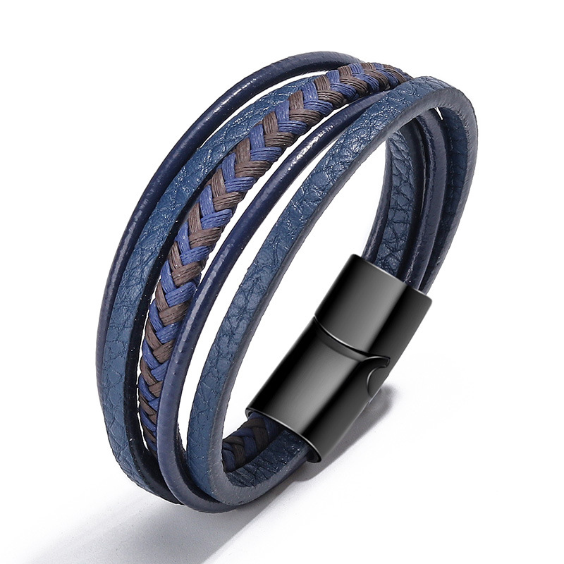 

Men Bohemian Style Woven Bule Leather Link Magnetic Snap Bracelet for Wholesale