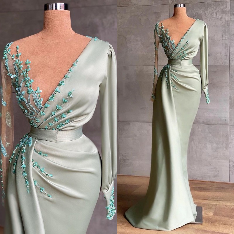 

2022 Elegant Prom Dresses Modest Long Sleeves Sheer Neck Appliques Beads Floor Length Evening Occasion Wears Vestidos de fiesta BC9866 C0213, Black