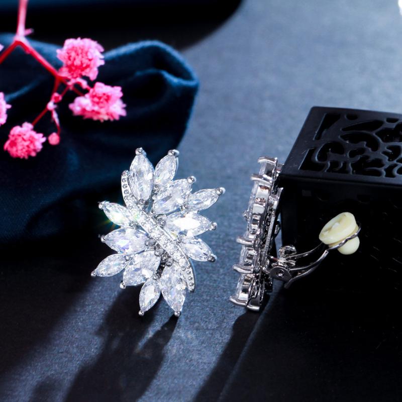 

Clip-on & Screw Back ThreeGraces Sparkling Cubic Zirconia Leaf Shape Bridal Wedding Big Clip On Earring For Women No Hole Piercing Ear Jewel, Silver