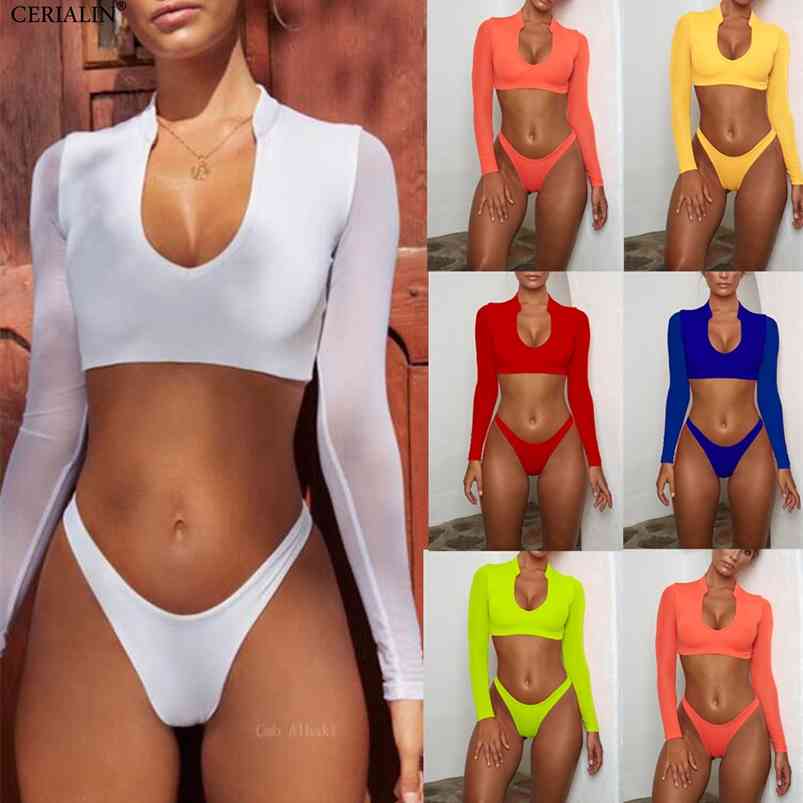 

6 Colors Bikini Set Low Waist Suit Long Sleeve Female Swimsuit High Quality Two Piece Thong Swimwear Beachwear Bathing 210629, Red