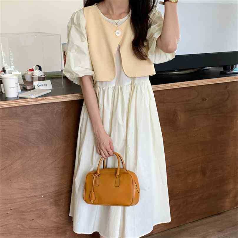 

Minimalist Sweet Stylish Prom Summer Slim Party Femme Princess Solid Lady OL Long Dresses Vestidos With Vest 210525, Photo color